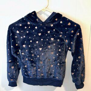 Beautées Girls Navy Blue Plush Hoodie with Gold Hearts - Size M
